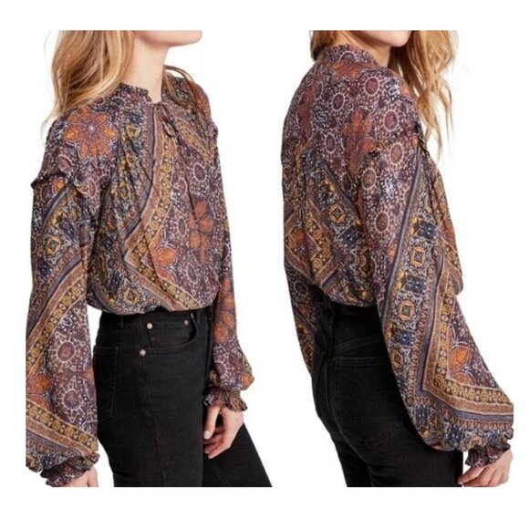 Free People Orange Brown Print Little Runaway Blouse Top - 22586 - Picture 1 of 9